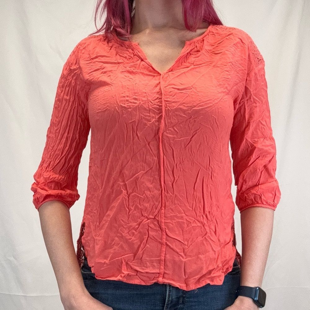 Stylus Women's Textured Lace Blouse Medium Coral Salmon Orange Boho Top Shirt